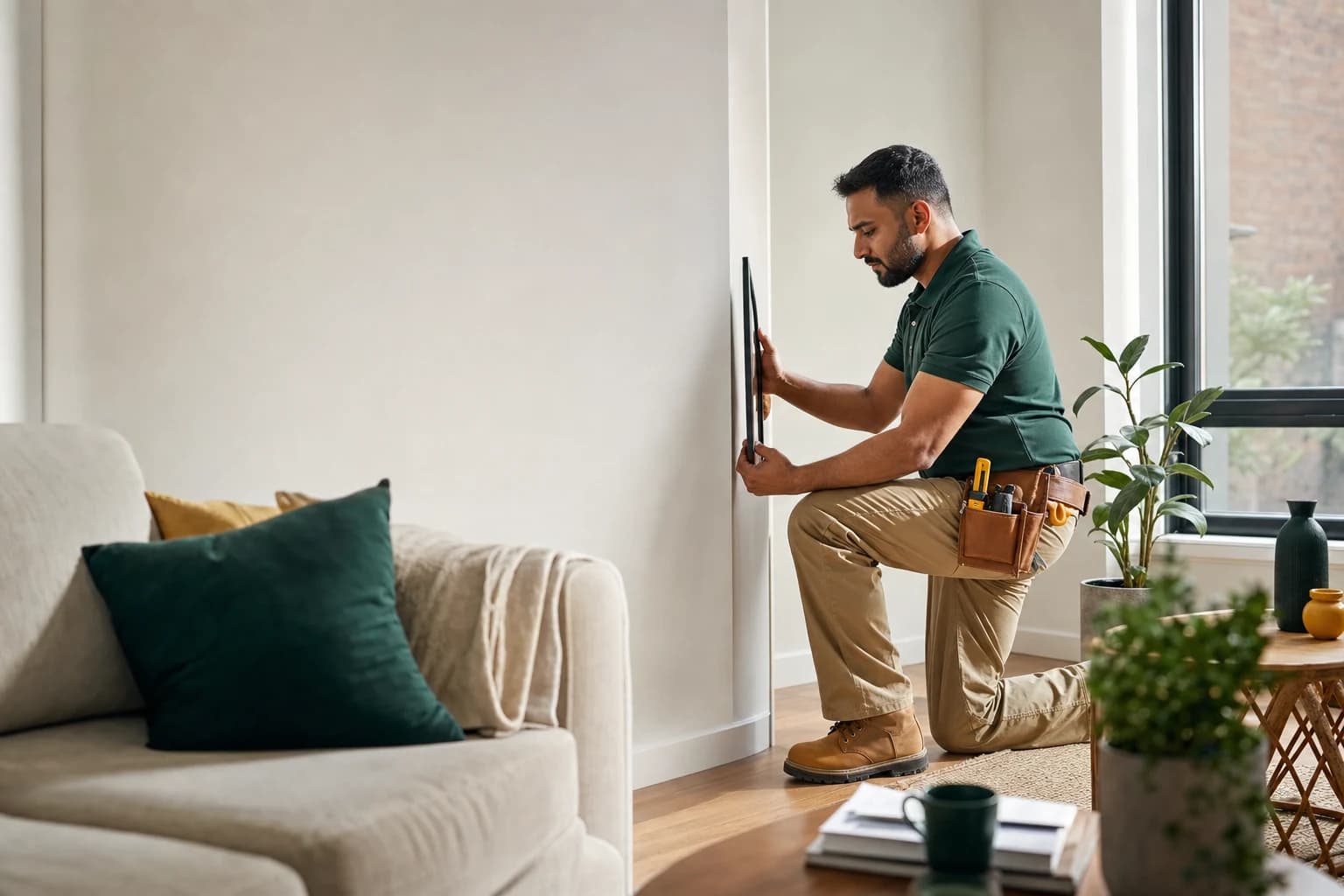 Home-service professional working in a bright living room